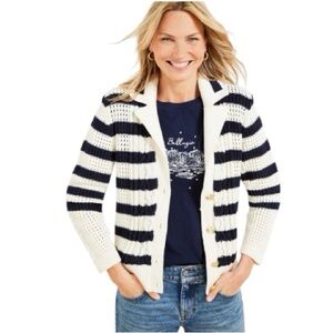 TALBOTS | Women’s Navy/White Striped Cable Knit Sweater Jacket Cotton Size XS